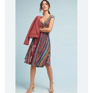 Anthropologie Maeve Womens Large Tamera Wrap Dress Red Motif Cap Sleeves Boho St